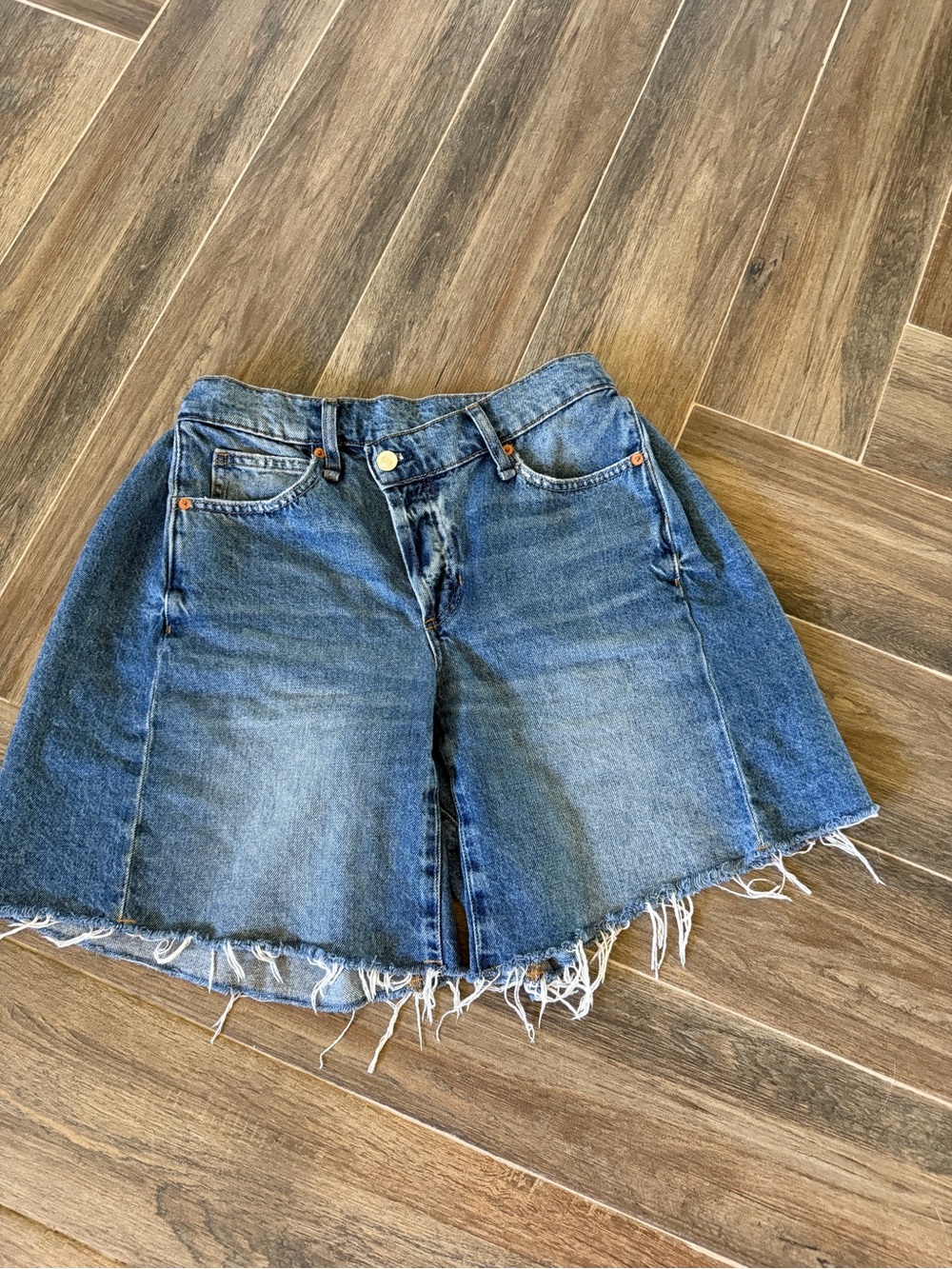 We The Free Boomerang Long Distressed Blue Denim Shorts